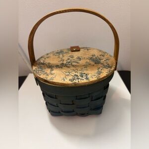 Floral Blue and Tan Woven Basket